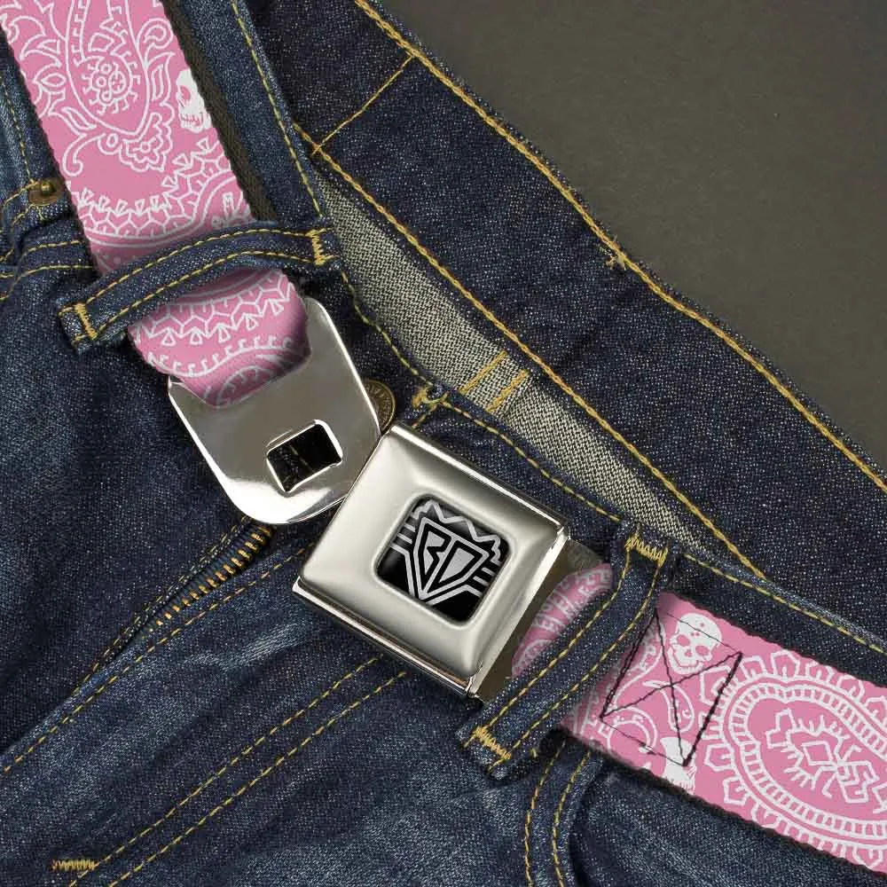 BD Wings Logo CLOSE-UP Full Color Black Silver Seatbelt Belt - Bandana/Skulls Pink/White Webbing