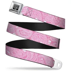 BD Wings Logo CLOSE-UP Full Color Black Silver Seatbelt Belt - Bandana/Skulls Pink/White Webbing