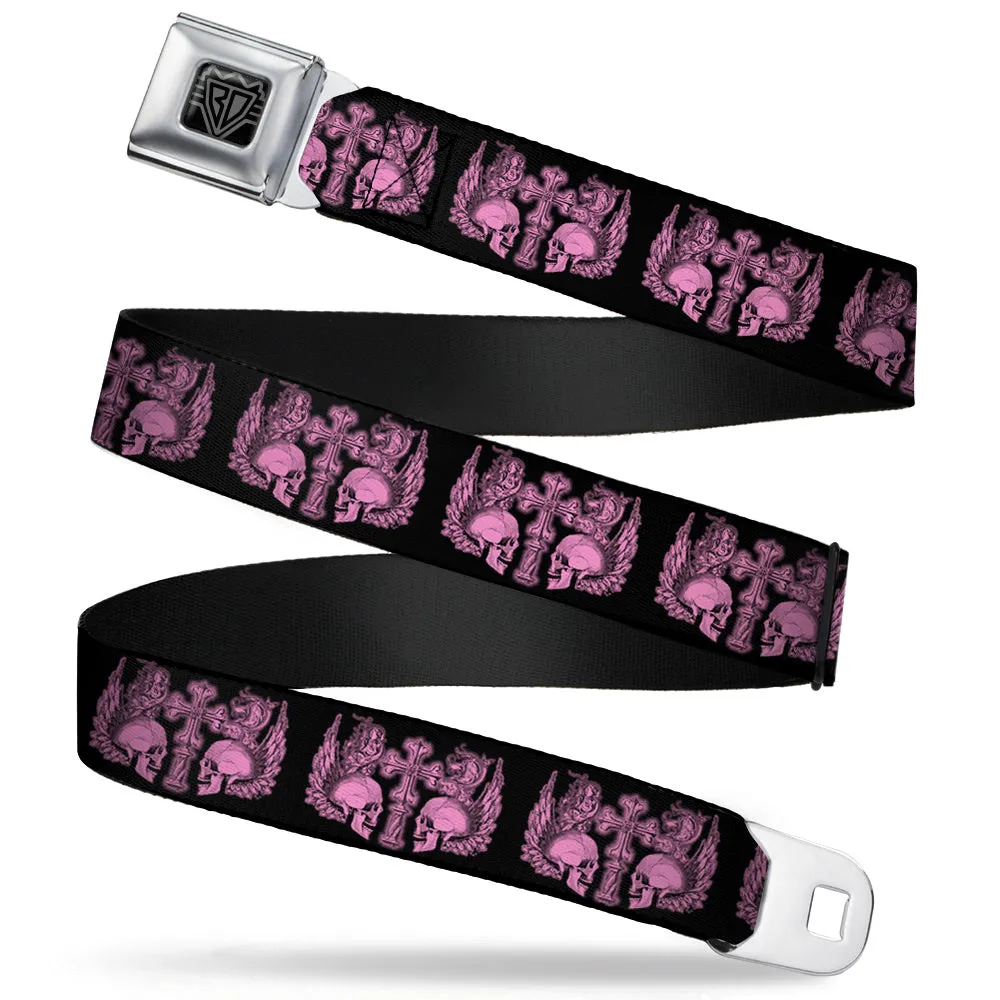 BD Wings Logo CLOSE-UP Full Color Black Silver Seatbelt Belt - BD Skulls w/Wings Black/Pink Webbing