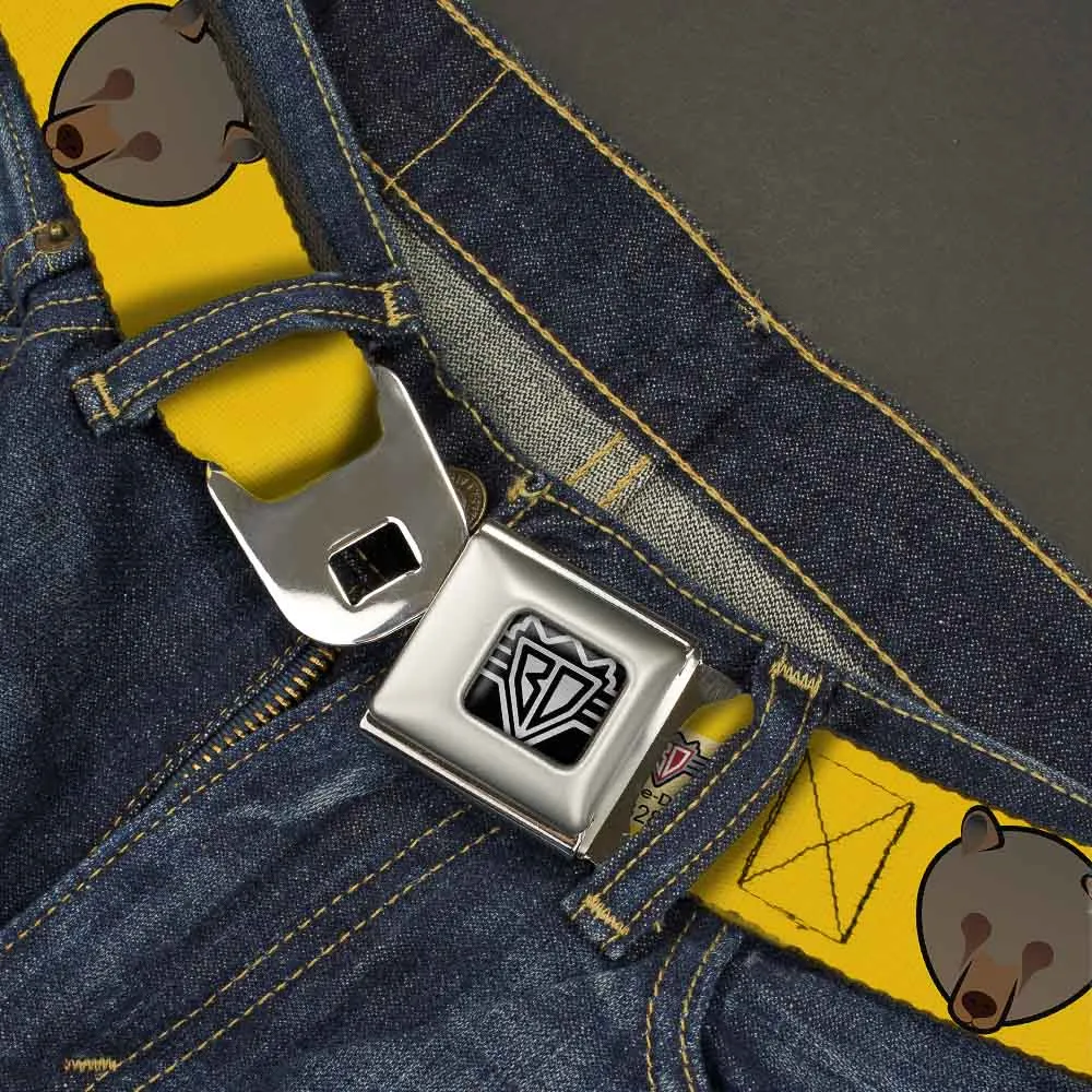 BD Wings Logo CLOSE-UP Full Color Black Silver Seatbelt Belt - Brown Bear Repeat Yellow Webbing