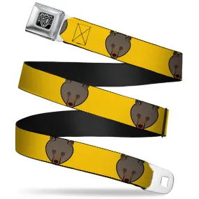 BD Wings Logo CLOSE-UP Full Color Black Silver Seatbelt Belt - Brown Bear Repeat Yellow Webbing