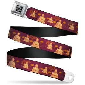 BD Wings Logo CLOSE-UP Full Color Black Silver Seatbelt Belt - Buddha Sitting/Floral Collage Burgundy/Golden Yellows Webbing