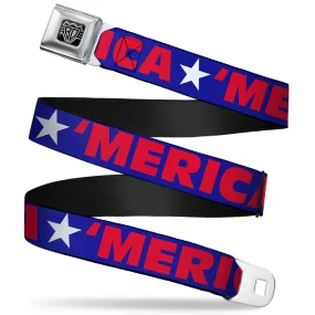 BD Wings Logo CLOSE-UP Full Color Black Silver Seatbelt Belt - 'MERICA/Star Blue/Red/White Webbing