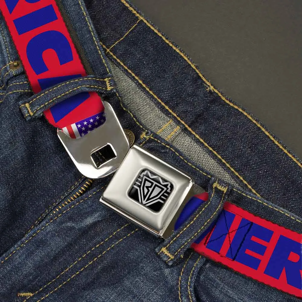 BD Wings Logo CLOSE-UP Full Color Black Silver Seatbelt Belt - 'MERICA/US Flag Red/Blue/White Webbing