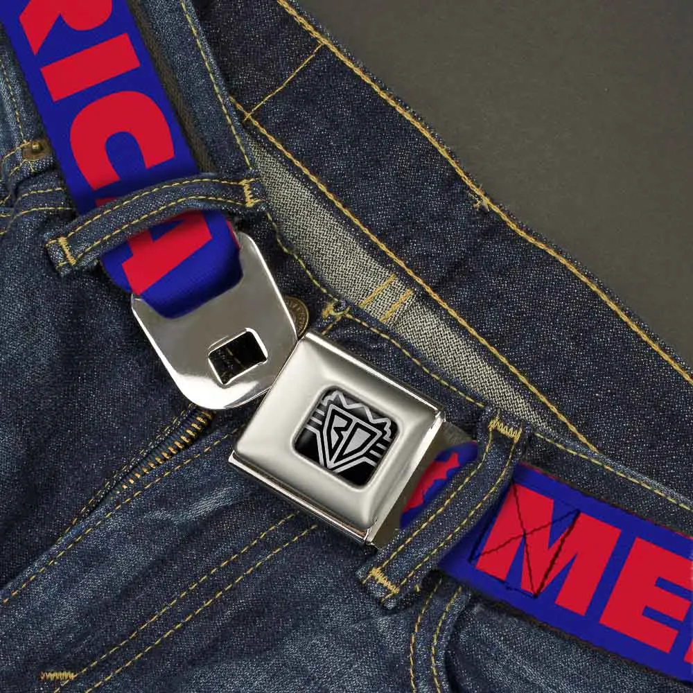 BD Wings Logo CLOSE-UP Full Color Black Silver Seatbelt Belt - 'MERICA/USA Silhouette Blue/Red Webbing