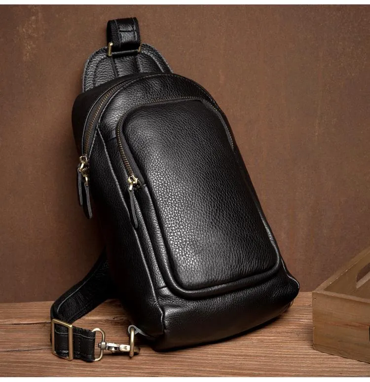 Black Leather Mens Cool Sling Bags Crossbody Pack Black One Shoulder Backpack Chest Bags for men