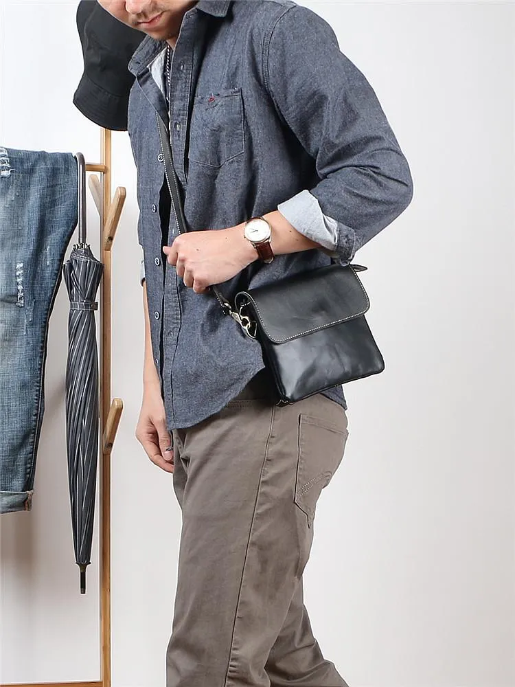 Black Leather Mens Cool Small Courier Bags Messenger Bags Amber Brown Postman Bag For Men