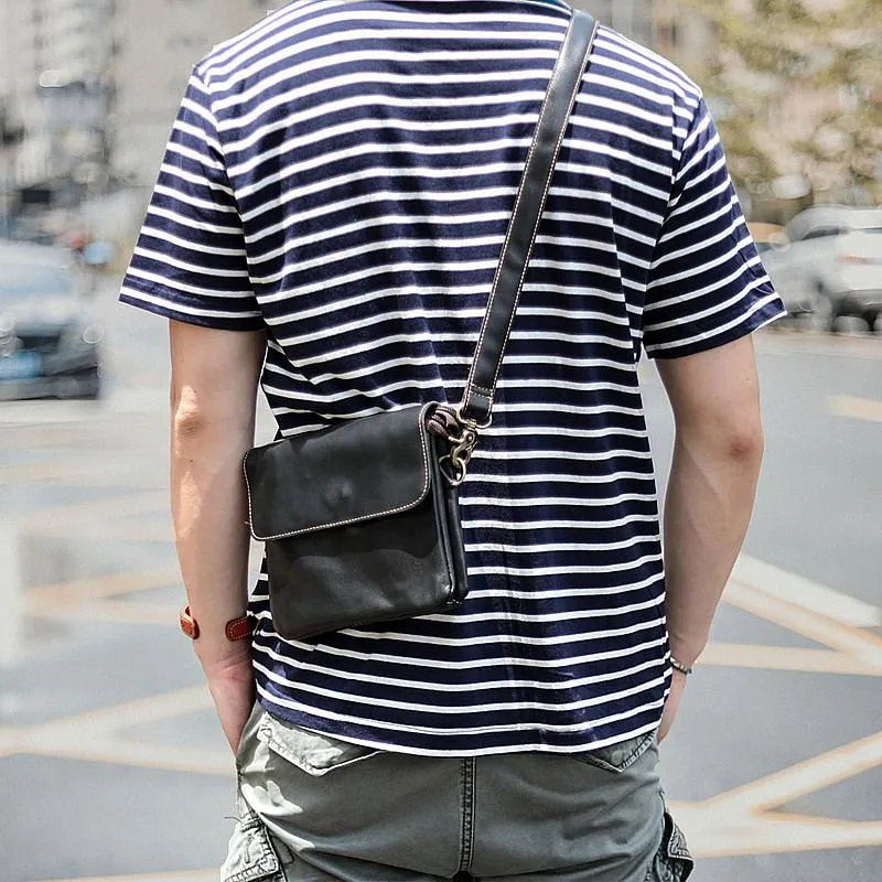 Black Leather Mens Cool Small Courier Bags Messenger Bags Amber Brown Postman Bag For Men