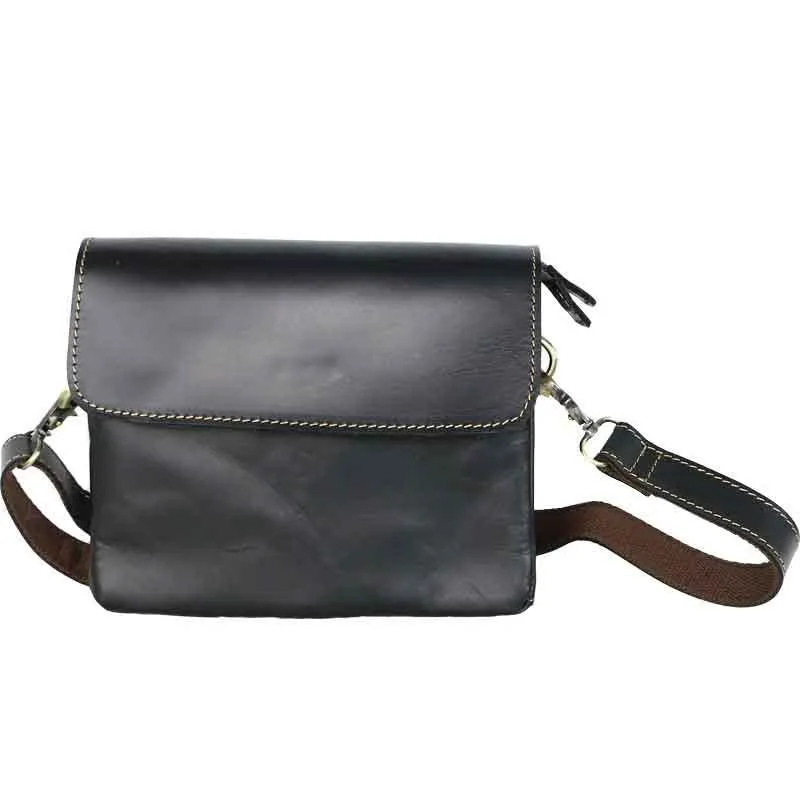 Black Leather Mens Cool Small Courier Bags Messenger Bags Amber Brown Postman Bag For Men