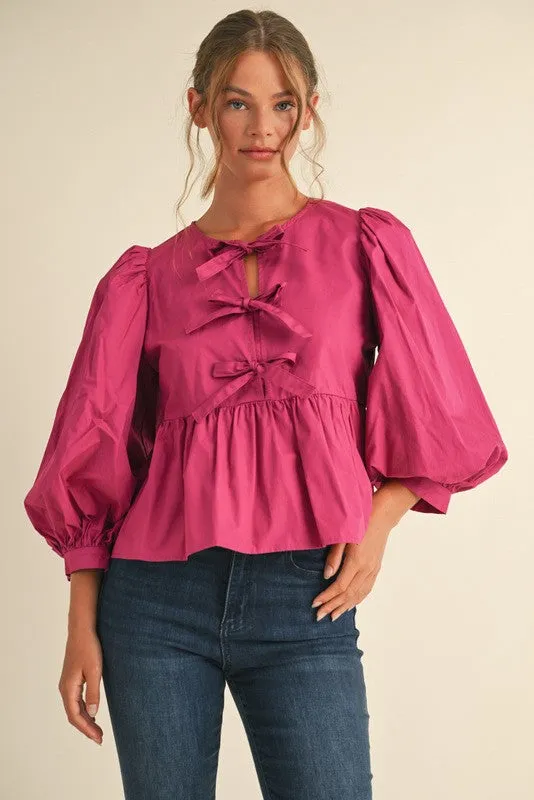 Bow Ties Peplum 3/4 Sleeves Top