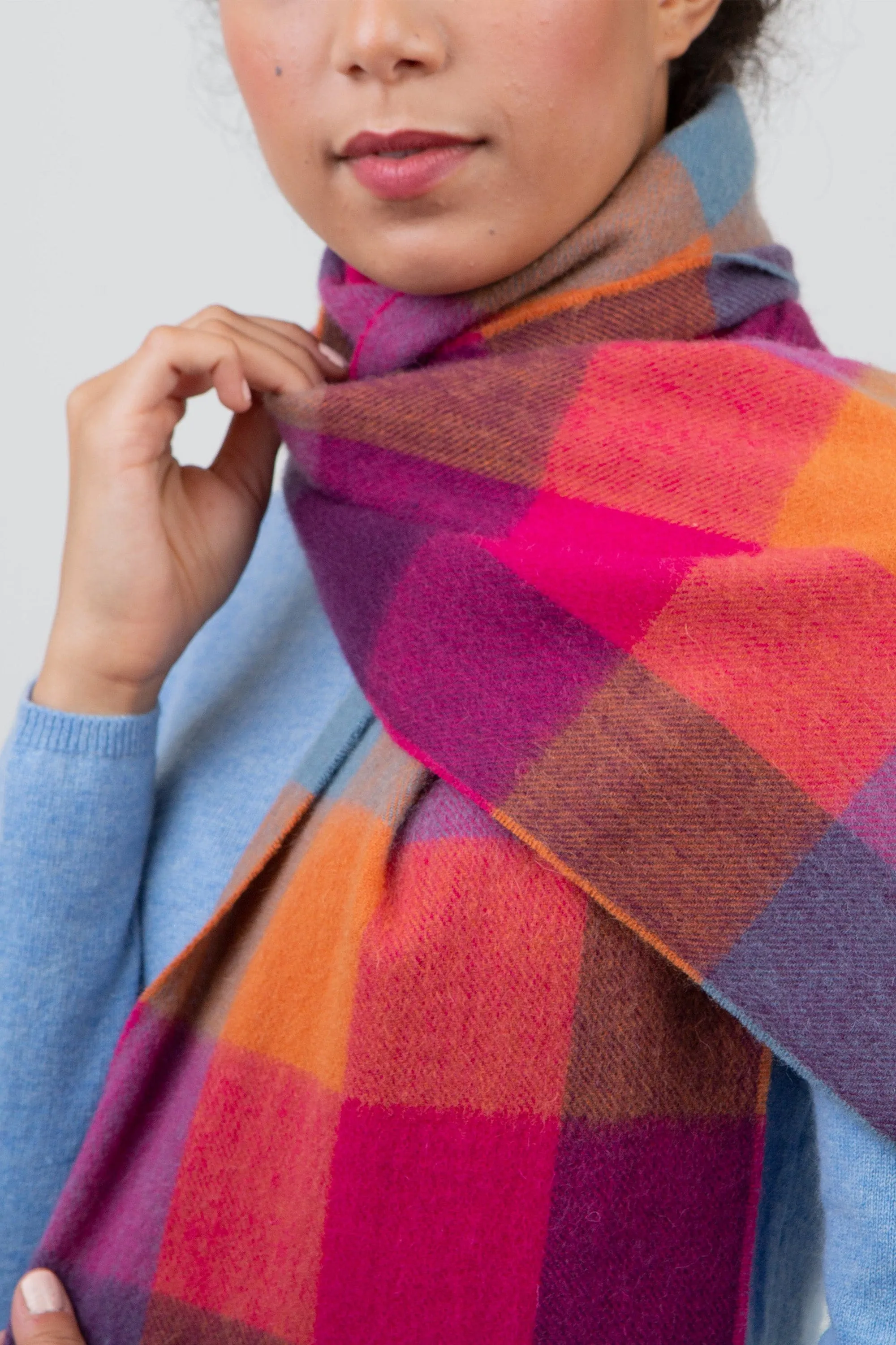 Checkers Lambswool Scarf - Orange Pink