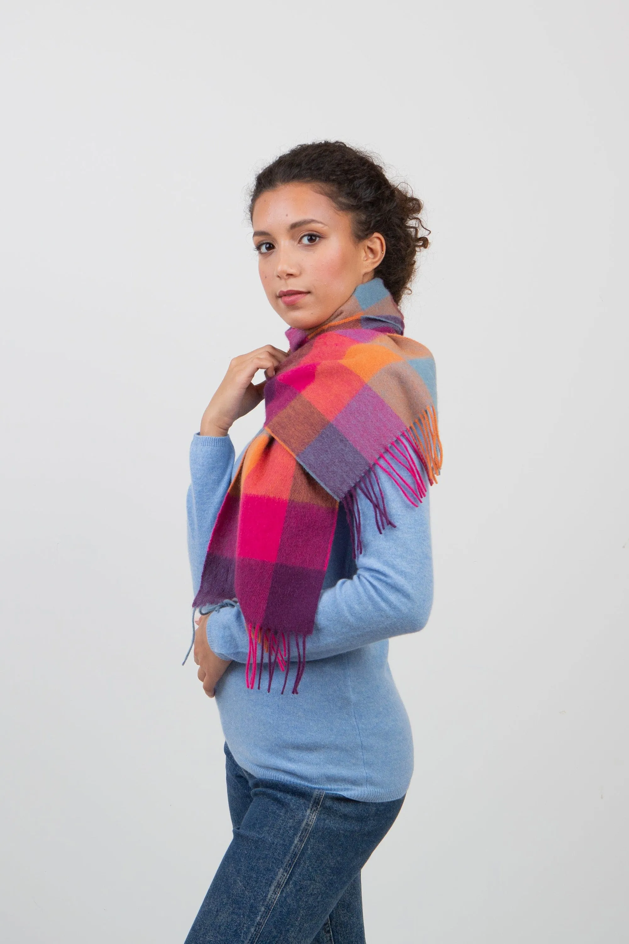 Checkers Lambswool Scarf - Orange Pink