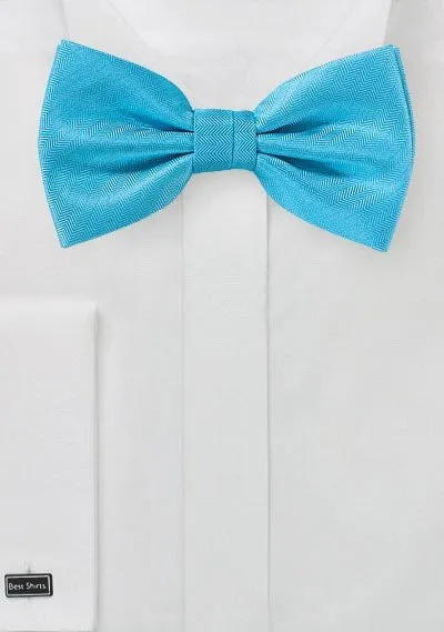 Cyan Blue Herringbone Bowtie