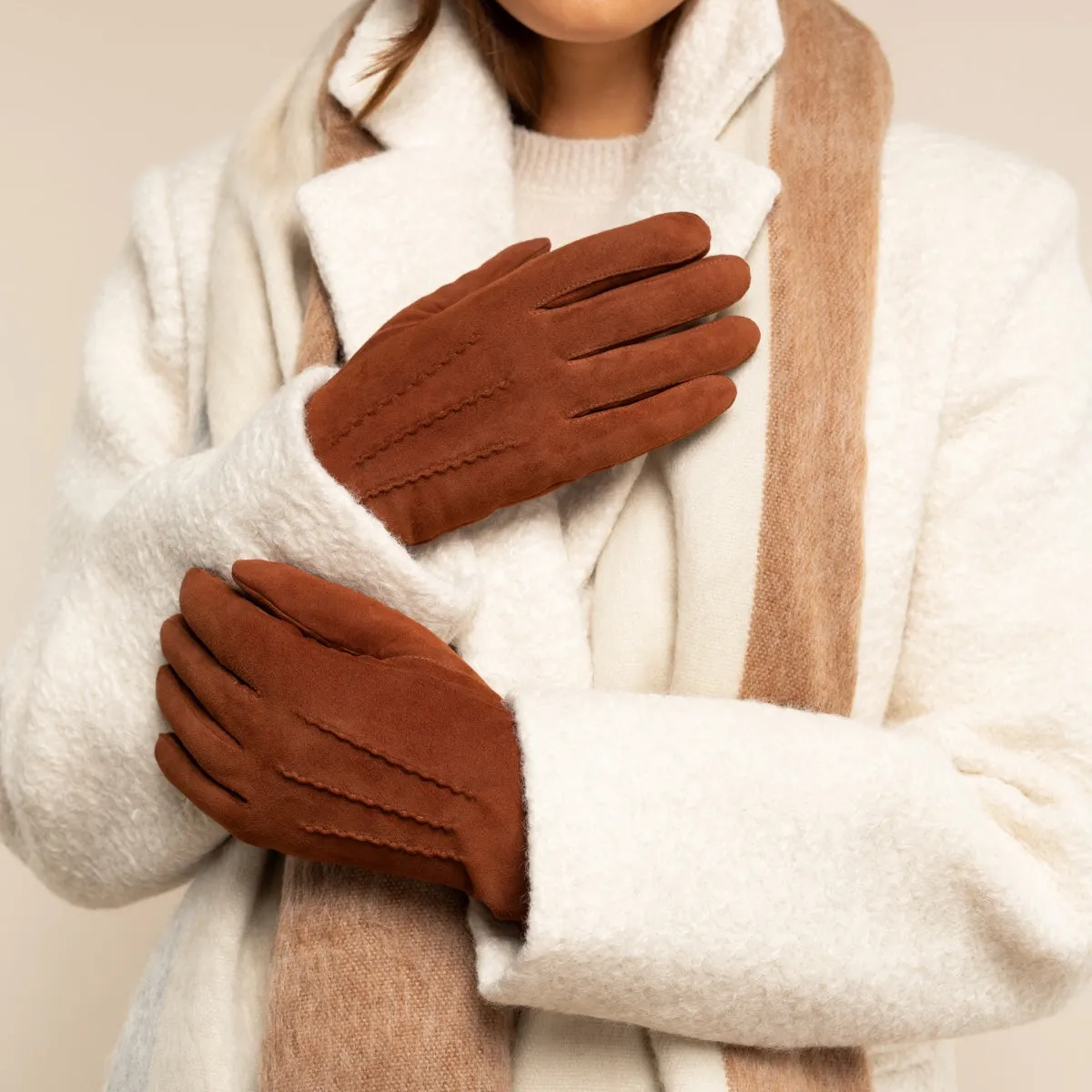 Elizabeth (brown) - suede leather gloves with warm faux fur lining