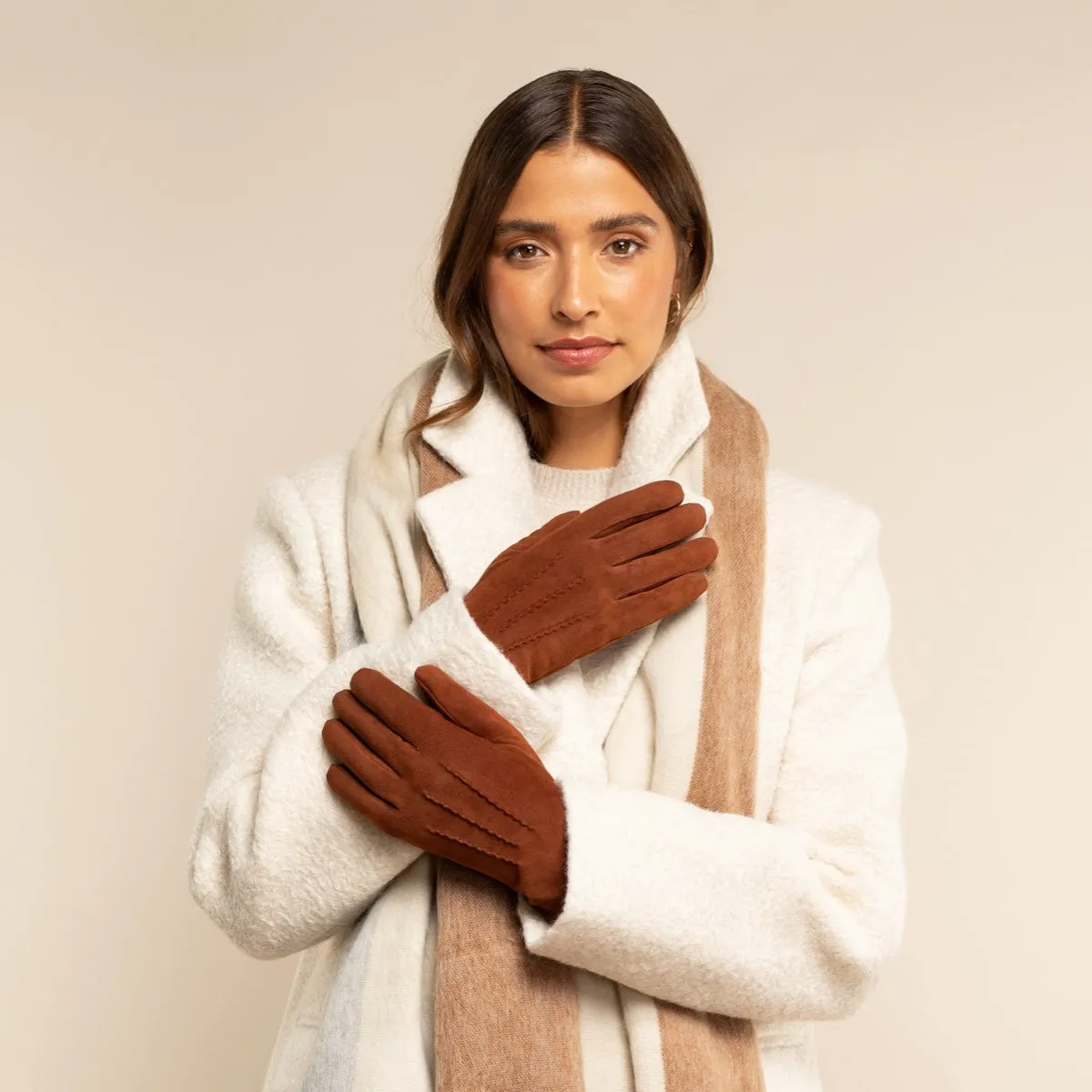 Elizabeth (brown) - suede leather gloves with warm faux fur lining