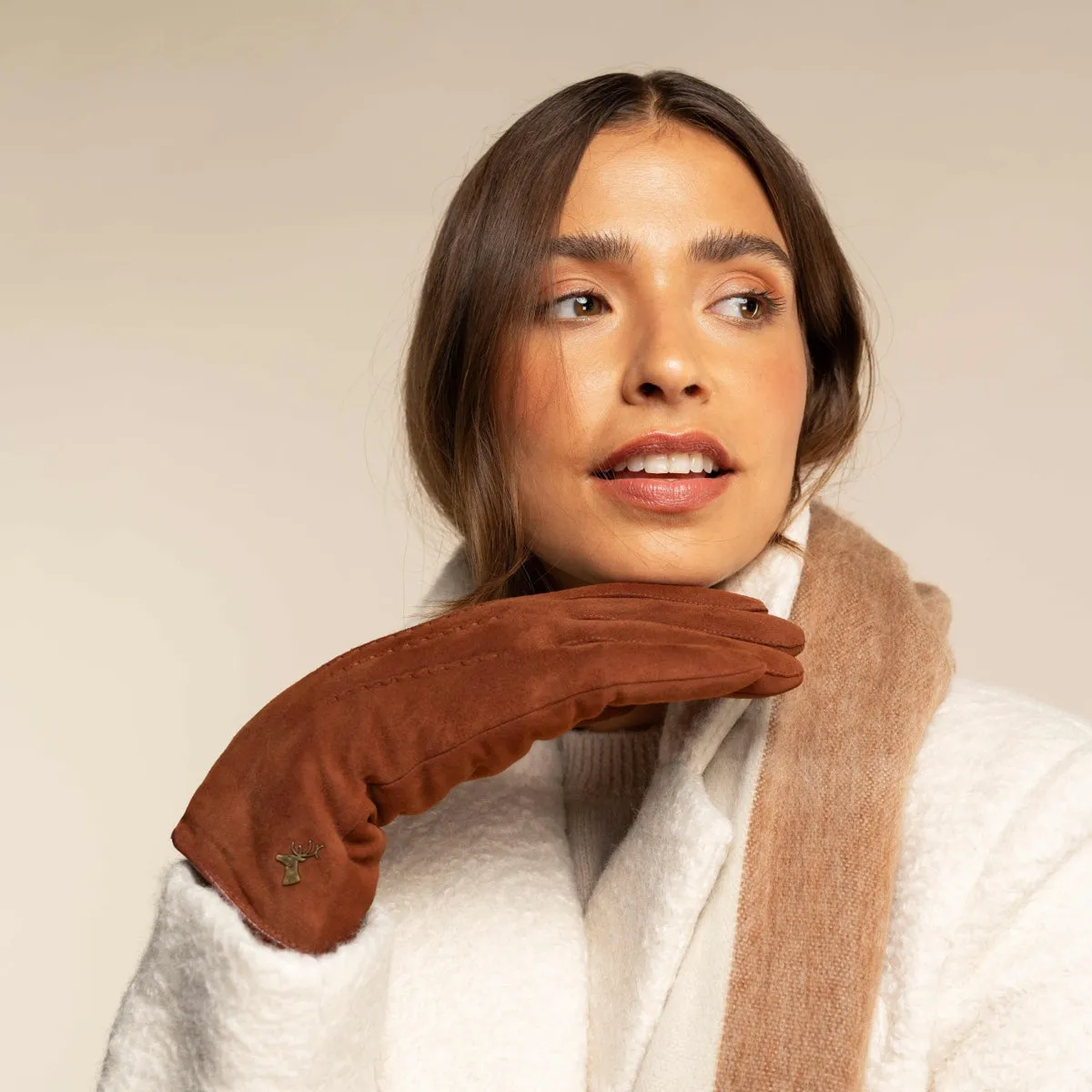 Elizabeth (brown) - suede leather gloves with warm faux fur lining