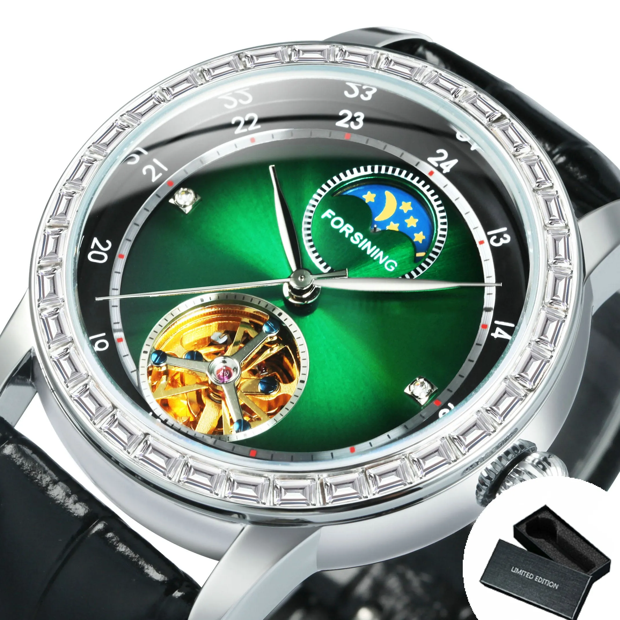 Forsining Luxury Tourbillon Mechanical Watches Jade Green Moon Phase Diamond Dial Automatic Skeleton Watches Genuine Leather Strap TM 412G