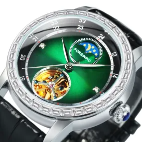 Forsining Luxury Tourbillon Mechanical Watches Jade Green Moon Phase Diamond Dial Automatic Skeleton Watches Genuine Leather Strap TM 412G