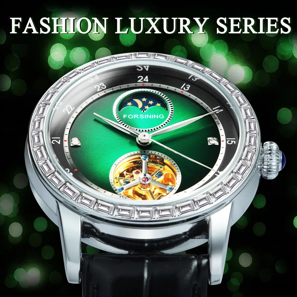 Forsining Luxury Tourbillon Mechanical Watches Jade Green Moon Phase Diamond Dial Automatic Skeleton Watches Genuine Leather Strap TM 412G