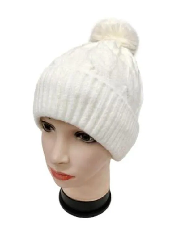 Furry Lined Hats With Pompom Beanie Women's Cable Design Hats