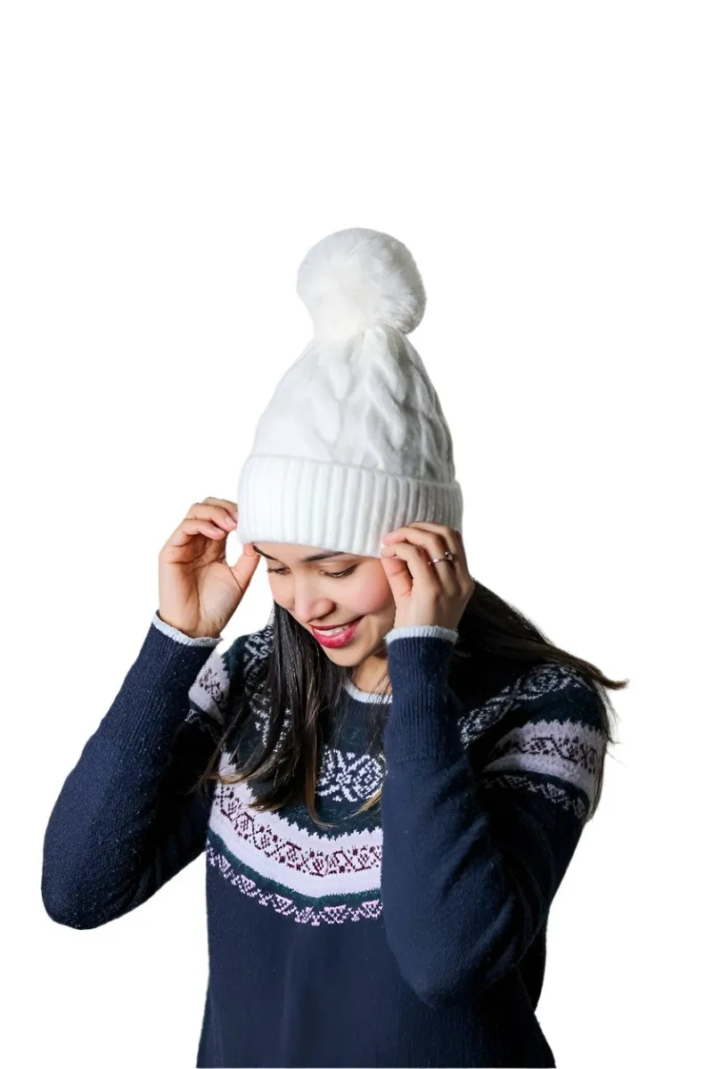 Furry Lined Hats With Pompom Beanie Women's Cable Design Hats