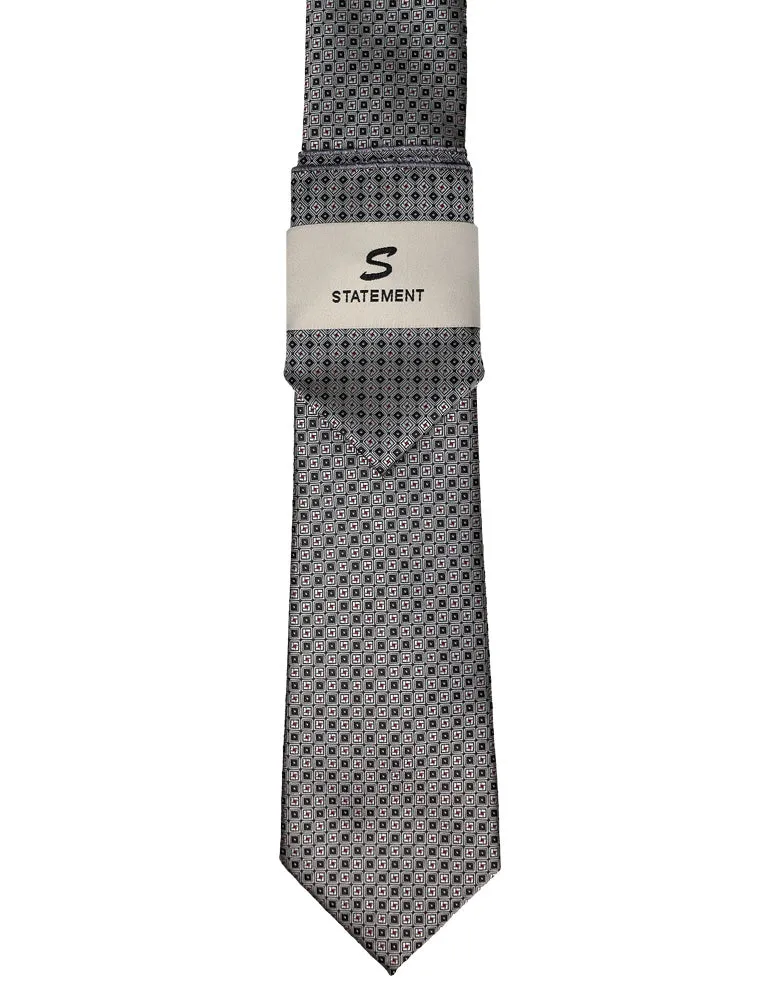 GREY GEO DOT 2 PC TIE & HANKIE SET