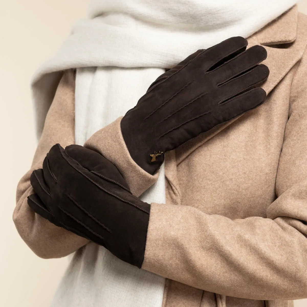 Josie (brown) - suede goatskin leather gloves with luxurious shearling lining