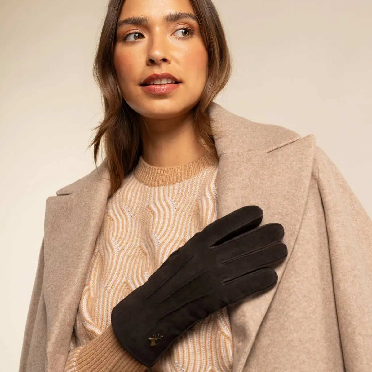 Josie (brown) - suede goatskin leather gloves with luxurious shearling lining