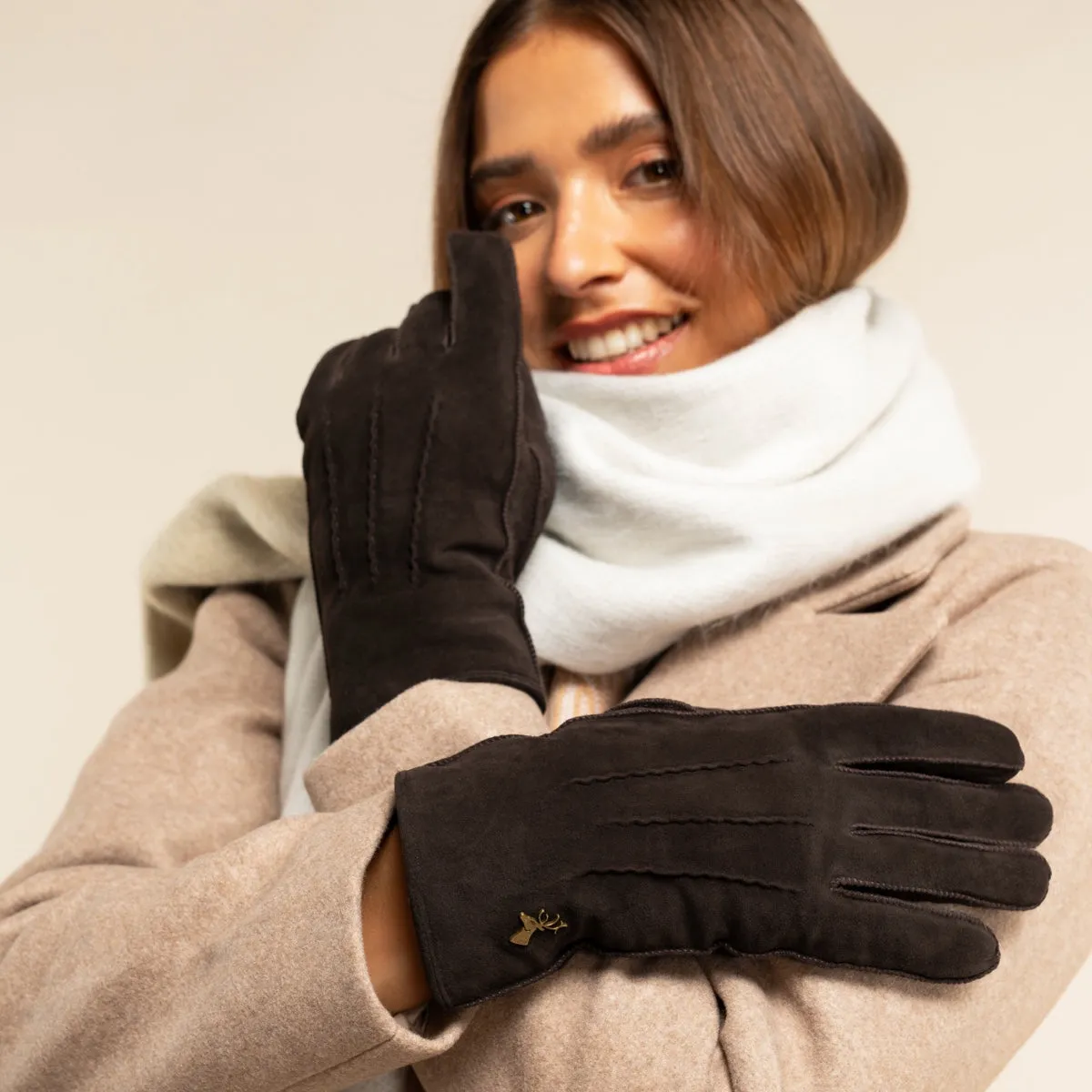 Josie (brown) - suede goatskin leather gloves with luxurious shearling lining