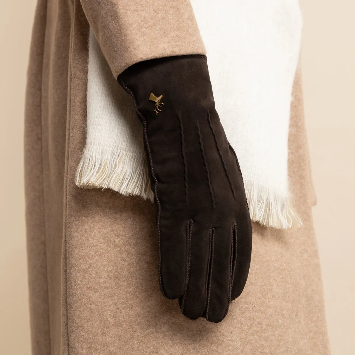 Josie (brown) - suede goatskin leather gloves with luxurious shearling lining