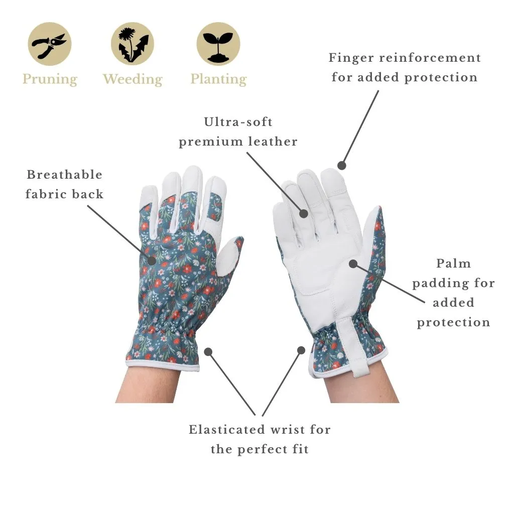 Kent & Stowe Teal Meadow Flowers Leather Gloves