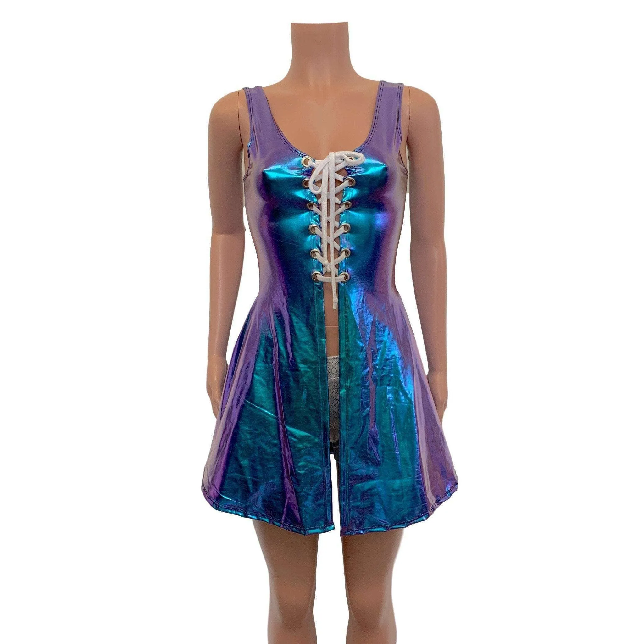 Lace-Up Open-Front Dress - Oil Slick Holographic