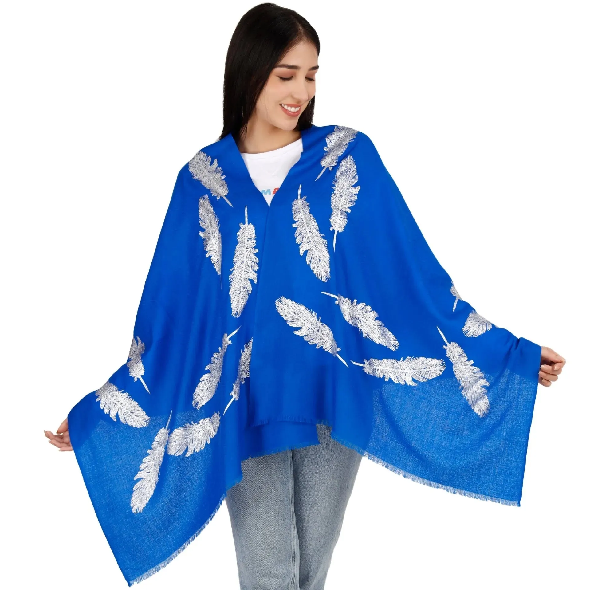 Large Pashmina Stole with Feathers and Beads