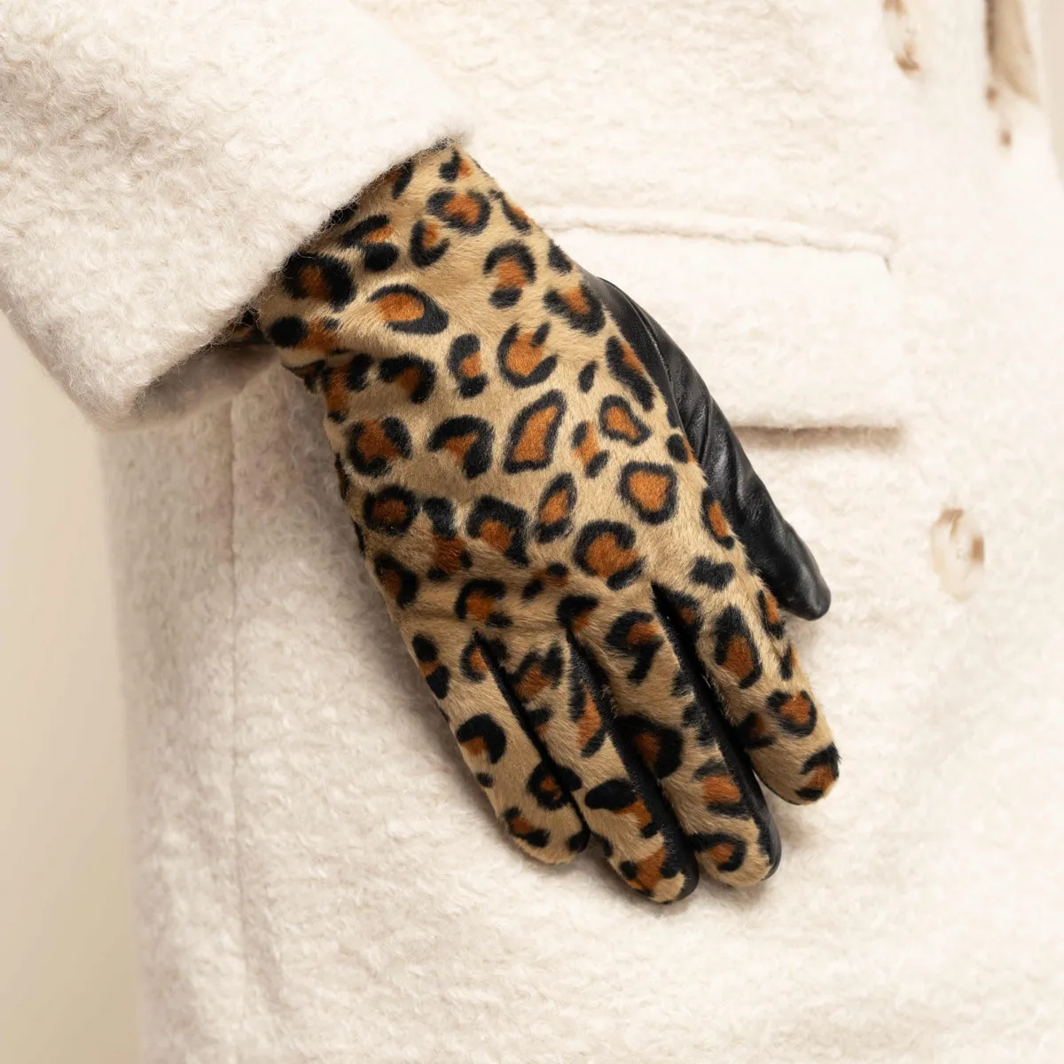 Leopard - sheep leather gloves with warm fleece lining & touchscreen feature