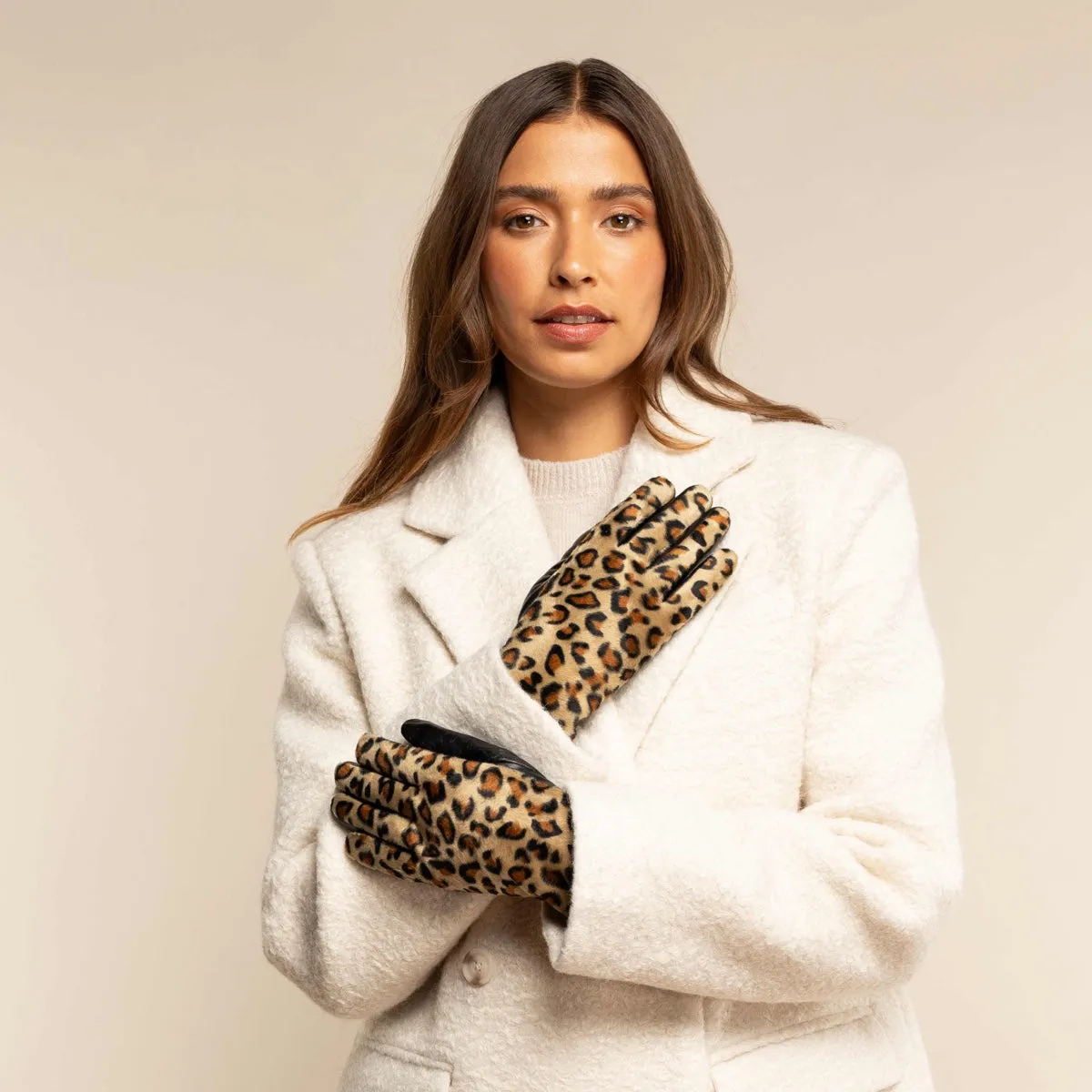 Leopard - sheepskin leather gloves with warm fleece lining & touchscreen feature