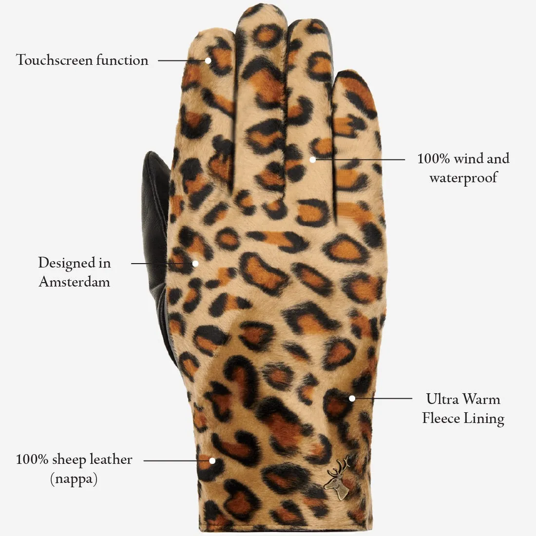 Leopard - sheepskin leather gloves with warm fleece lining & touchscreen feature