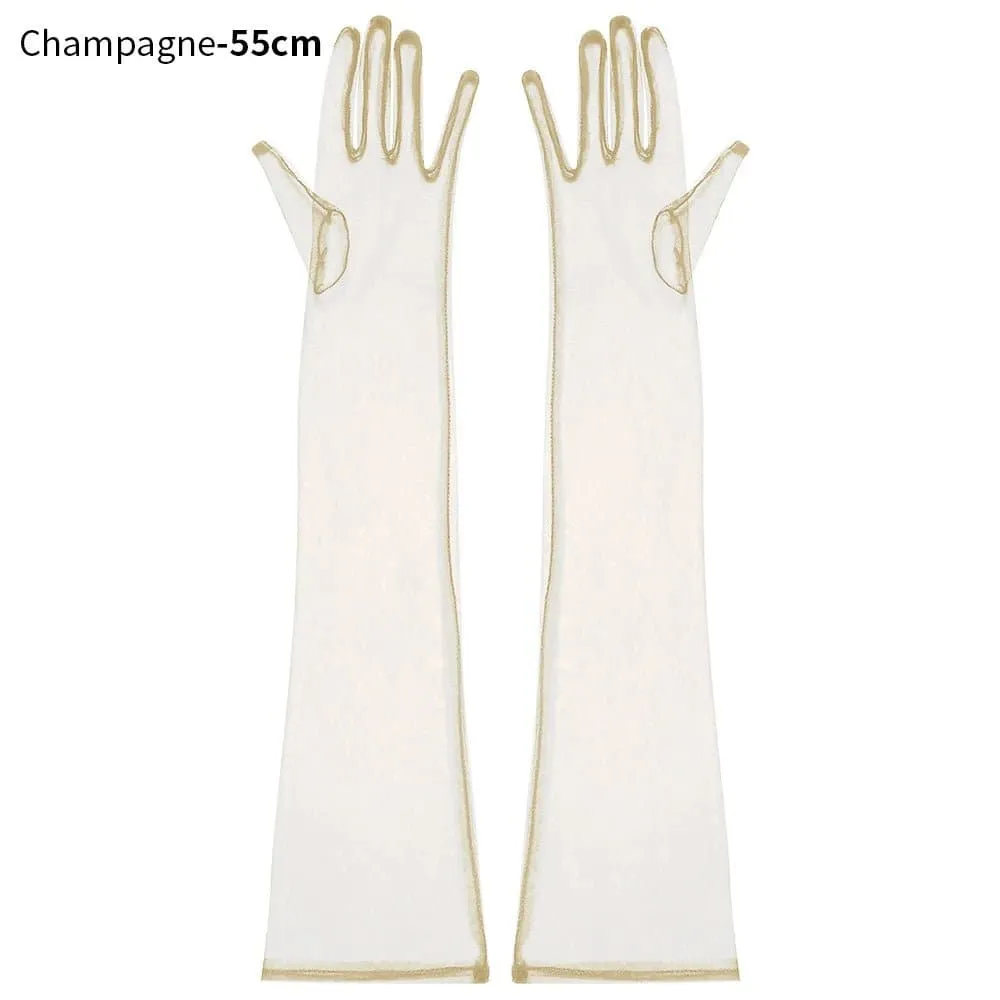 Long Mesh Tulle Gloves for Women - Elbow Length, Acetate Material (23cm, 55cm) - Black, White, Red, Grey, Champagne