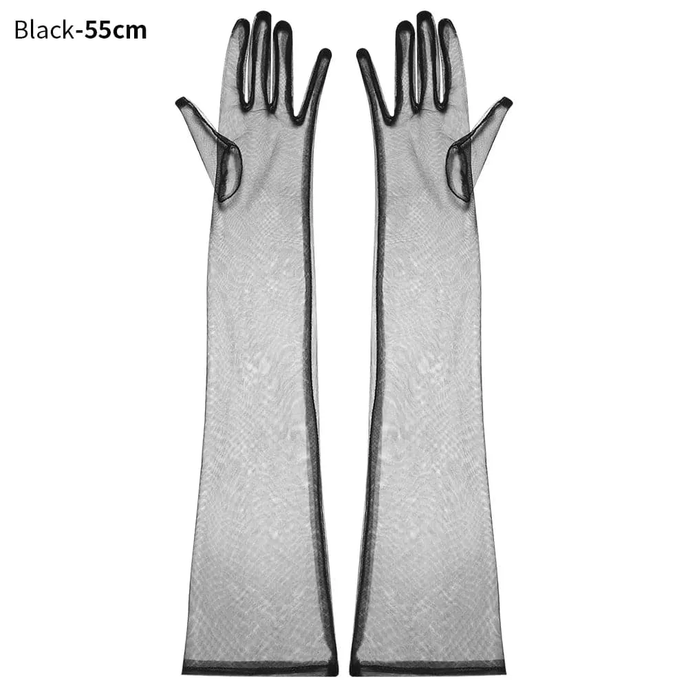 Long Mesh Tulle Gloves for Women - Elbow Length, Acetate Material (23cm, 55cm) - Black, White, Red, Grey, Champagne