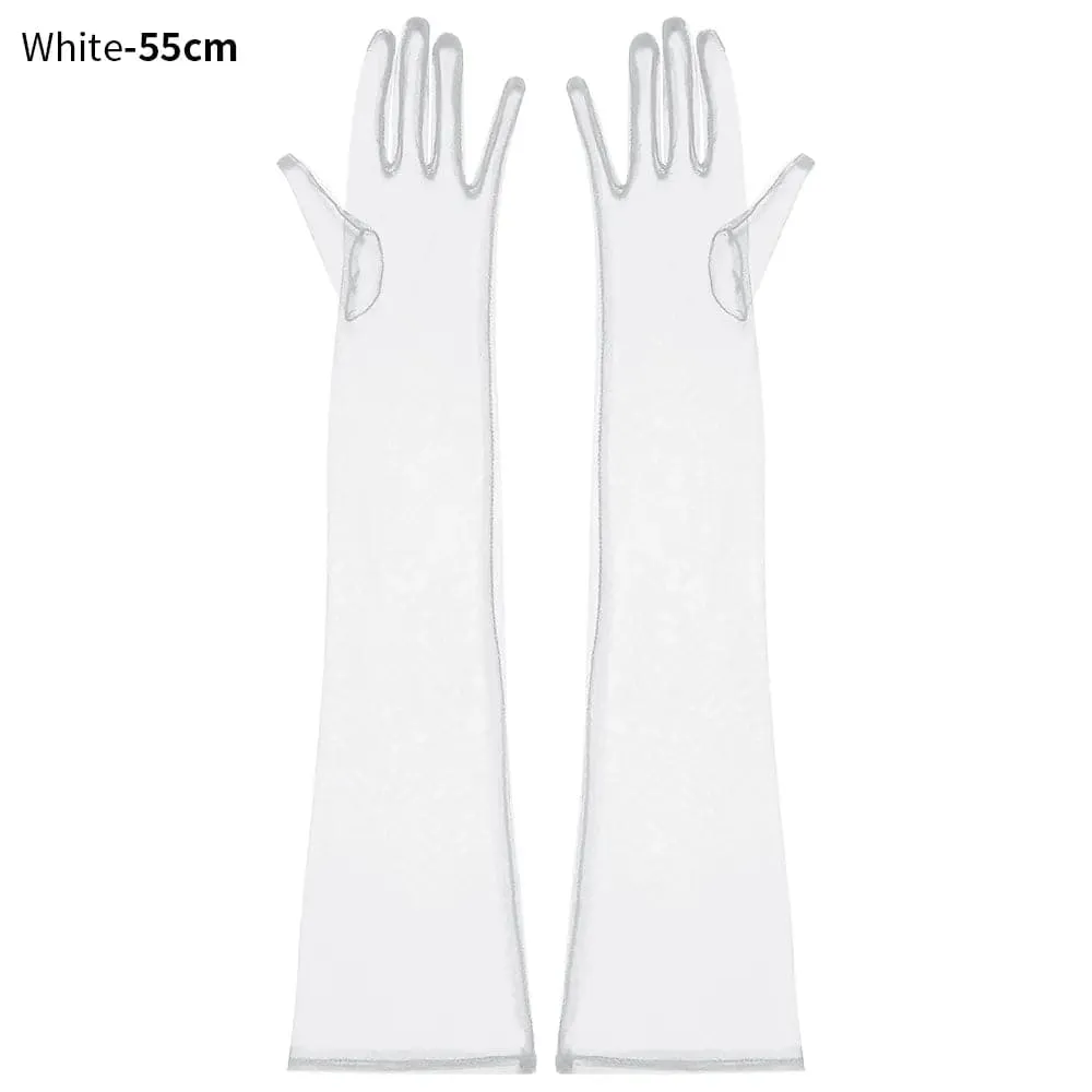 Long Mesh Tulle Gloves for Women - Elbow Length, Acetate Material (23cm, 55cm) - Black, White, Red, Grey, Champagne