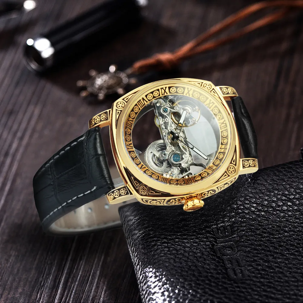 Luxury Transparent Skeleton Automatic Mechanical Watch for Men Engraved Case Golden Bridge Genuine Leather Strap Watches