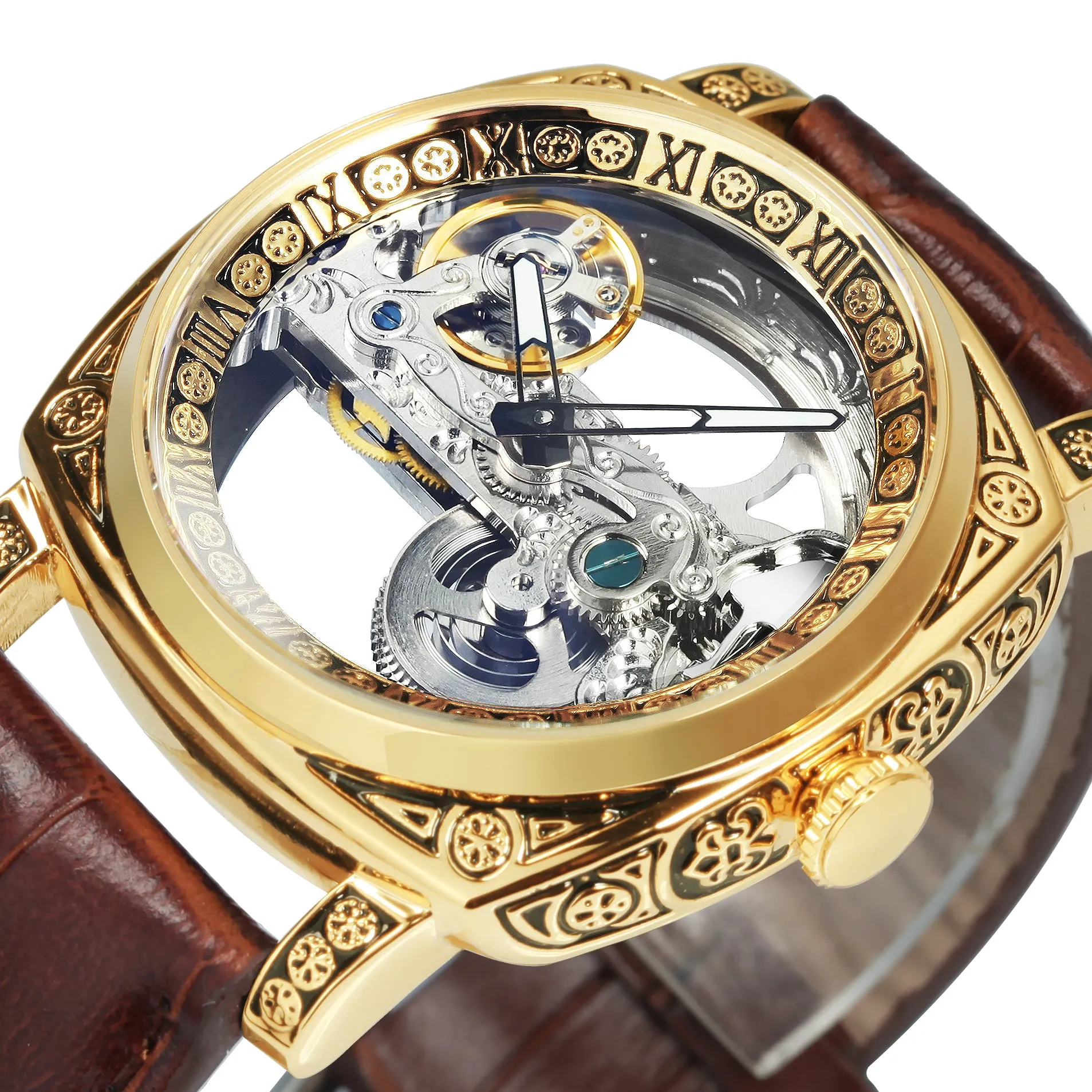 Luxury Transparent Skeleton Automatic Mechanical Watch for Men Engraved Case Golden Bridge Genuine Leather Strap Watches