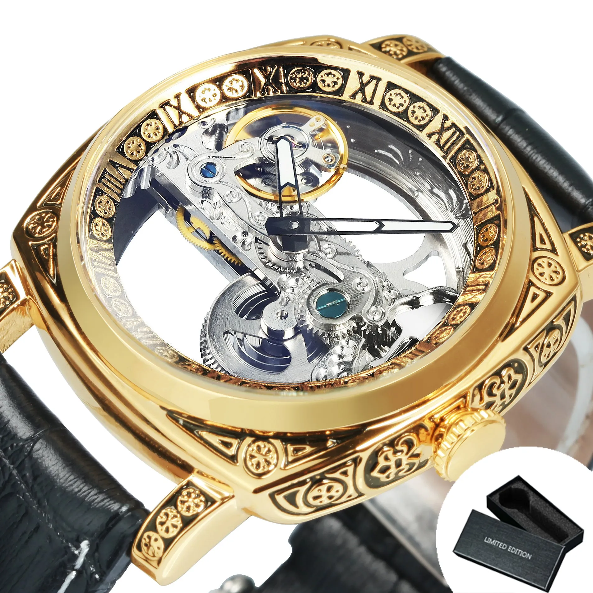 Luxury Transparent Skeleton Automatic Mechanical Watch for Men Engraved Case Golden Bridge Genuine Leather Strap Watches