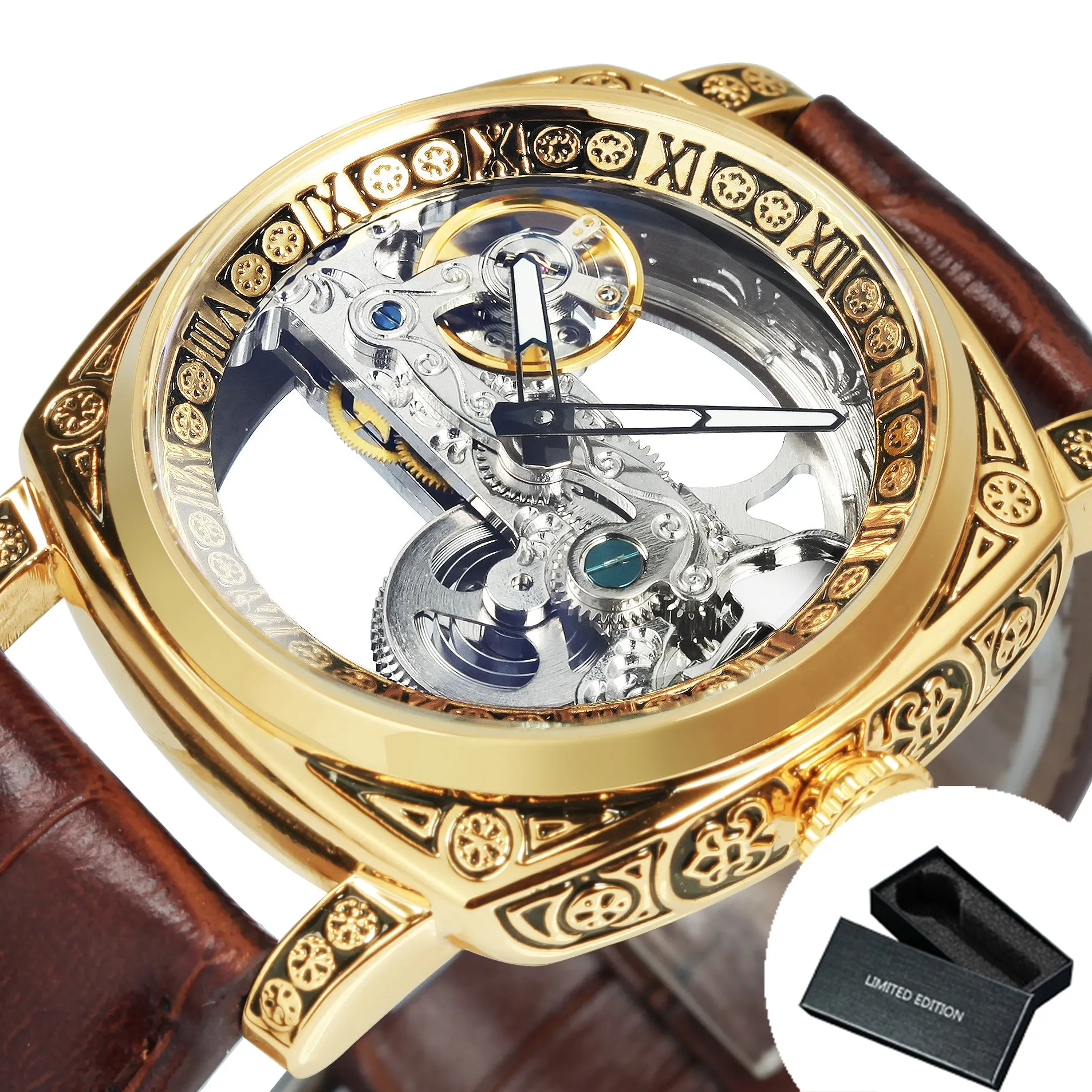 Luxury Transparent Skeleton Automatic Mechanical Watch for Men Engraved Case Golden Bridge Genuine Leather Strap Watches