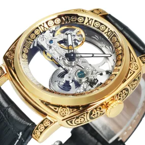 Luxury Transparent Skeleton Automatic Mechanical Watch for Men Engraved Case Golden Bridge Genuine Leather Strap Watches