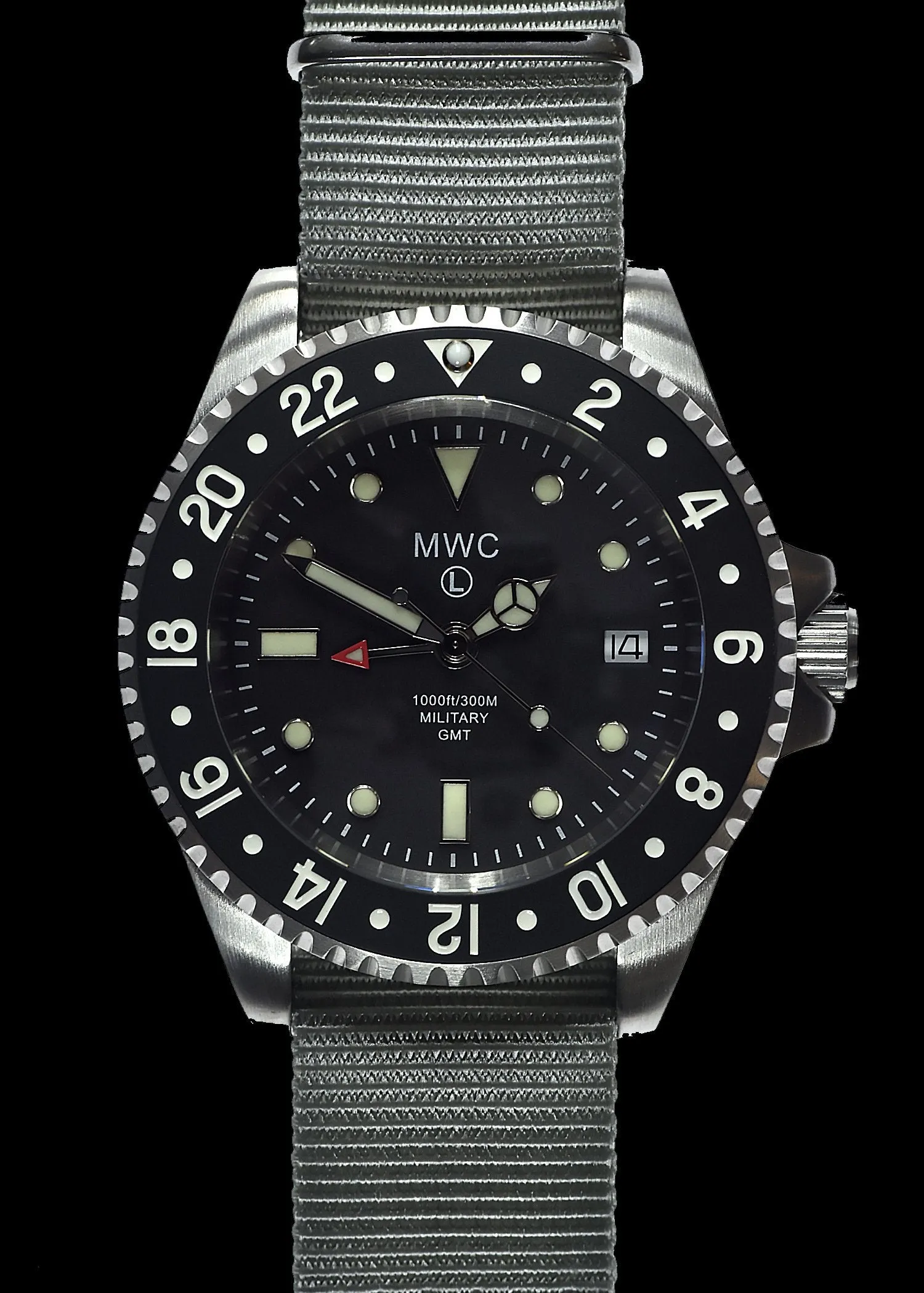 MWC Stainless Steel GMT (Dual Time Zone) Military Watch with Sapphire Crystal and Ceramic Bezel on Silicon Band with 2 NATO Straps