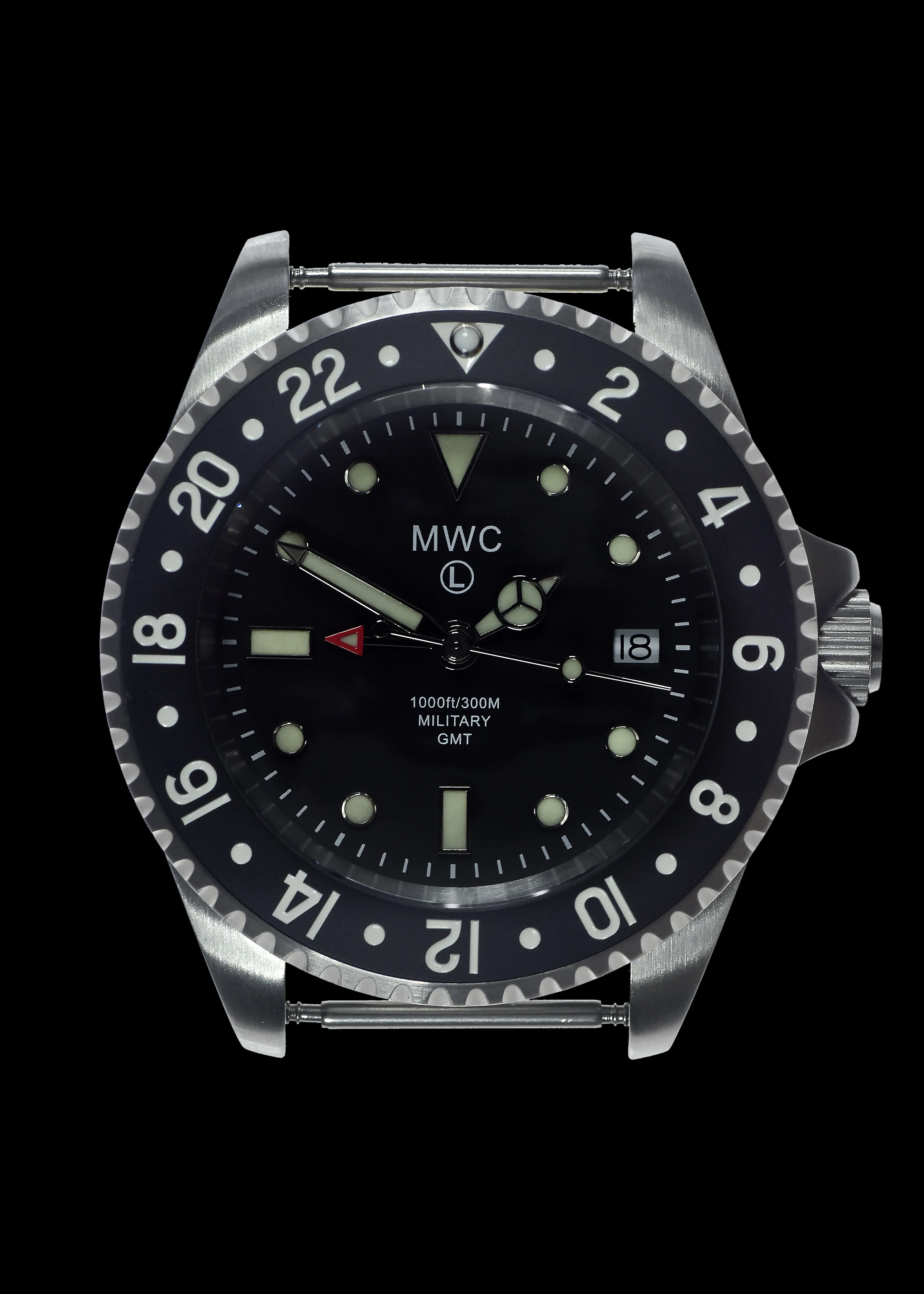 MWC Stainless Steel GMT (Dual Time Zone) Military Watch with Sapphire Crystal and Ceramic Bezel on Silicon Band with 2 NATO Straps