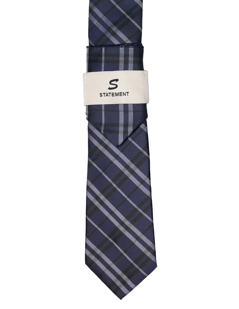 NAVY PLAID 2 PC TIE & HANKIE SET