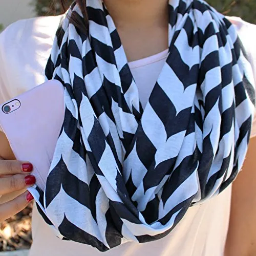 Pop Fashion Womens Chevron Arrow Patterned Infinity Scarf with Hidden Zipper Pocket