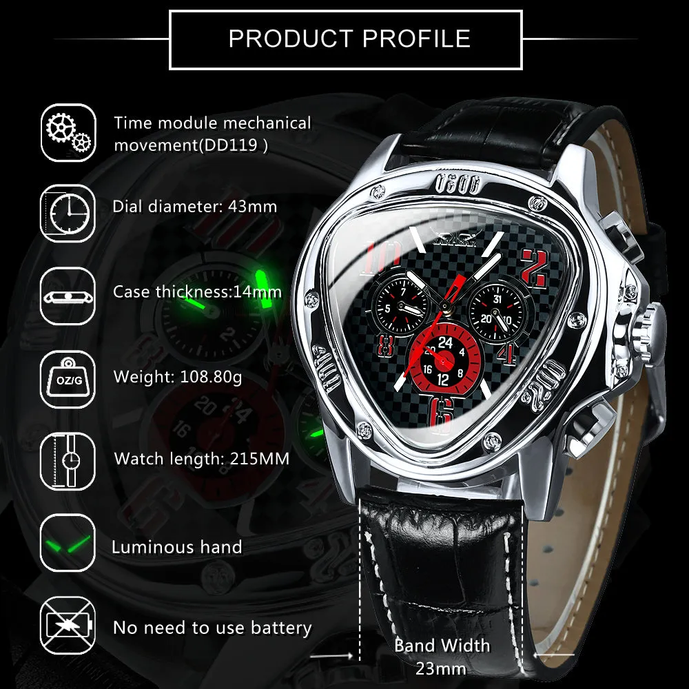 Sports Pilot Triangle Automatic Mechanical Watch for Men Sub-Dials Leather Strap Jaragar Watches