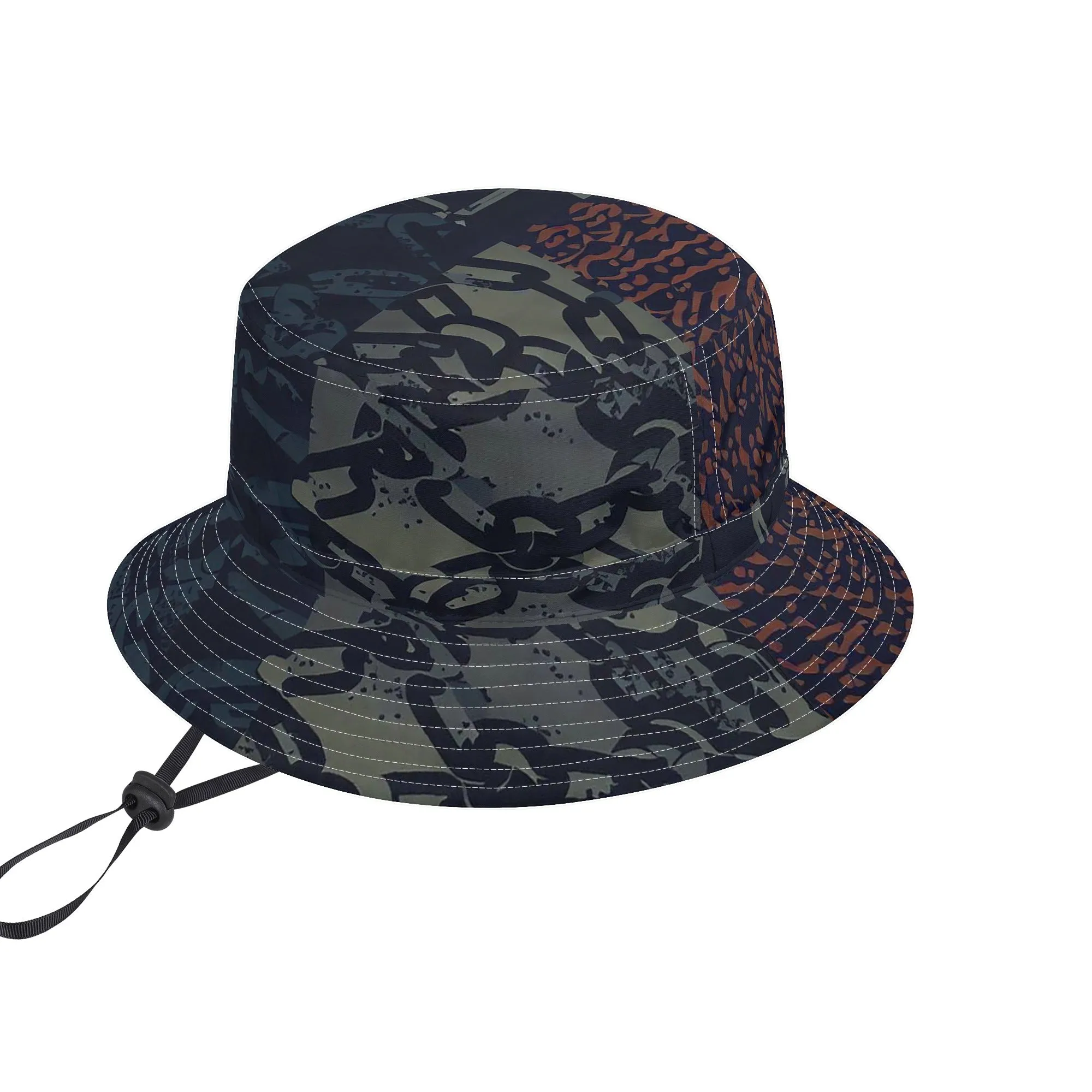 Vampire Art Grunge Unisex Bucket Fisherman's Hat - Chains with Rust Patchwork with Adjustable String